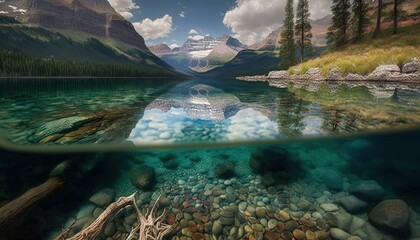 Wall Mural - still clear crystal glass water surface of nature lake with beautiful mountain nature landscape background, Generative Ai