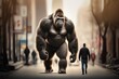 gorilla in big city, walking in town among man, Generative Ai