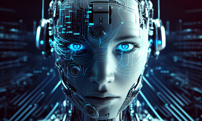 Poster - Artificial intelligence in image of futuristic cyborg robot using digital global network. Machine learning technology concept. Sci-Fi cybernetic robot with AI. Generative Ai.