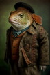 studio portrait of fish person dressed in vintage human clothes and hat created with generative ai