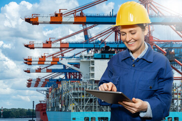 Poster - Woman port manager with a digital tablet against the background of a ship loaded with containers in the seaport	