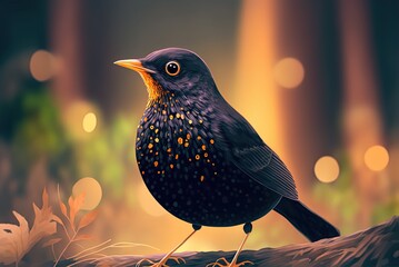 Wall Mural - Stunning blackbird in close-up against a softly focused woodland Generative AI