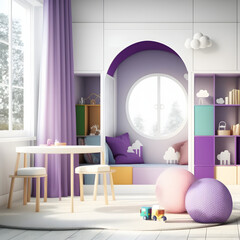 Bright and cozy modern playroom interior with purple furniture and decoration room on empty purple or white wall background, Ai generated
