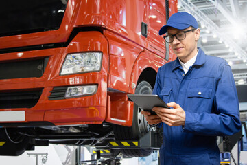 Sticker - Serviceman with digital tablet on the background of the truck in the garage	