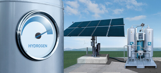 Hydrogen gauge on a background of H2 factory using renewable energy. Green hydrogen production concept	