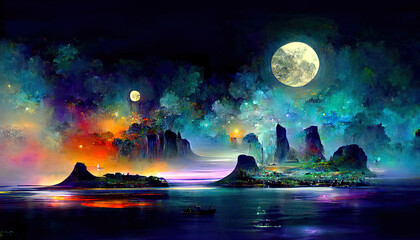 Modern futuristic fantasy night landscape with abstract islands and night sky with space galaxies. Generative Ai