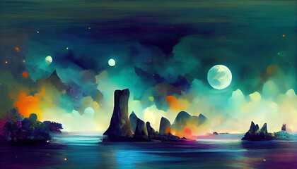 Mountain desert landscape. Dark natural scene with light reflection in water. Generative Ai