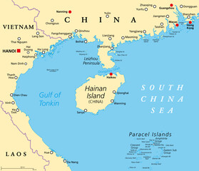 Sticker - Hainan, southernmost province of China, and surrounding area, political map. Hainan Island, and the Paracel Islands, in the South China Sea, south of the Leizhou Peninsula, and east of Gulf of Tonkin.