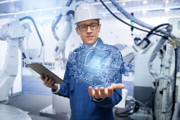 Poster - Development engineer with tablet computer holds in his hand a model of an electric motor created in augmented reality.