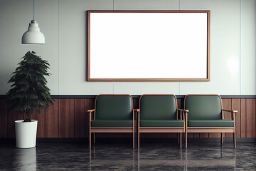 Waiting room for a doctor in a hospital or some office. Above the chairs is a mockup frame with a blank white and copy space for advertising. Illustration with large banner. Generative AI.