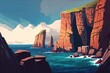 stunning panorama of towering cliffs and water beyond, with a seabird soaring above Generative AI