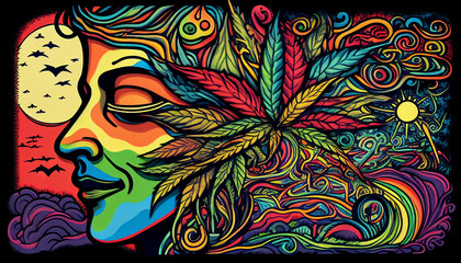  Peace Against War - A Colorful Trippy Doodle Artwork of Cannabis and a Beautiful Woman's Face generative ai