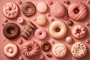 Poster - Many different types of donuts are arranged on pink background. Generative AI.