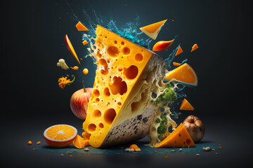 Sticker - Piece of cheese with fruit and water splashing out of it. Generative AI.