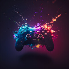 Wall Mural - Colorful video game controller on dark background. Generative AI.