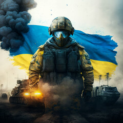 Wall Mural - Soldier with ukrainian flag in the background. Generative AI.