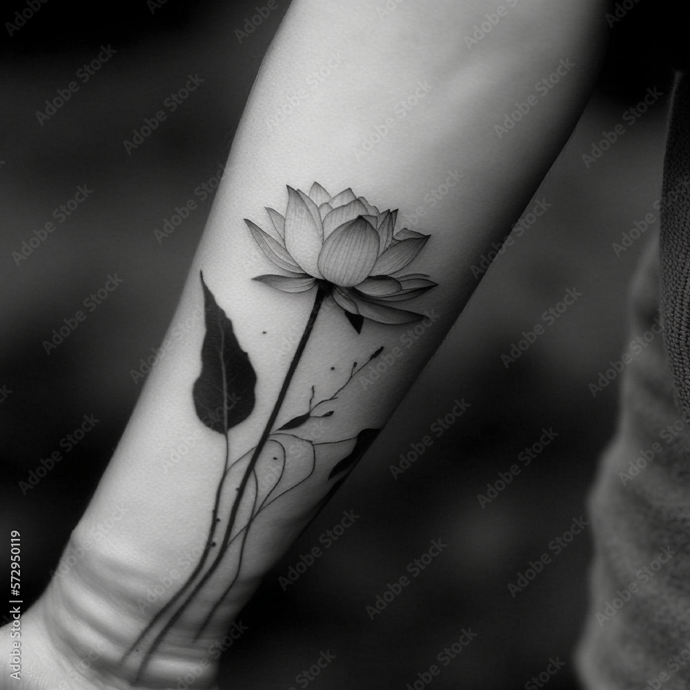 Lotus tattoo in black and white on the wrist with a stem wrapping ...