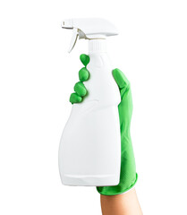 Aufkleber - Hand in glove holding spray bottle mockup, liquid chemical in blank sprayer package mock up isolated on white background
