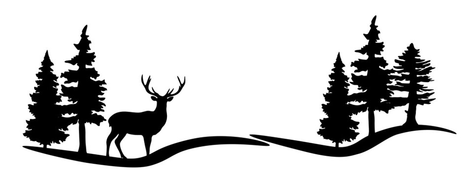 Fototapete - Black silhouette of deer mountains and forest fir trees camping landscape panorama illustration icon vector for logo, isolated on white background