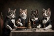 group of cats dressed in formal attire, sitting at a dinner table with silverware in their paws and napkins tucked into their collars llustration generative ai