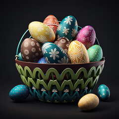 Wall Mural - Easter eggs in a basket created with Generative AI technology