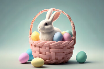 Wall Mural - Cute easter bunny in a wicker basket full of painted eggs created with Generative AI technology