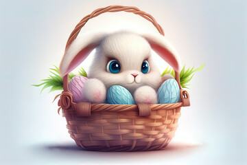 Wall Mural - Cute easter bunny in a wicker basket full of painted eggs created with Generative AI technology