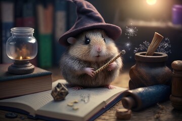 Wall Mural - Hamster wearing wizard hat and casting a spell illustration generative ai