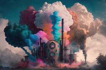 Surreal factory with clouds of multi-colored smoke pouring out of the chimneys illustration generative ai