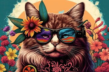 Hippie cat illustration generative ai