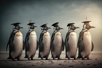 Wall Mural - Penguins standing in a line, wearing graduation caps and gowns, with a proud look on their faces illustration generative ai