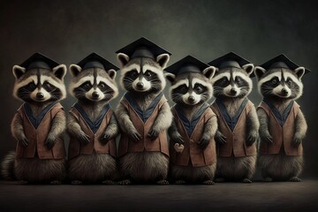 Wall Mural - Racoons standing in a line, wearing graduation caps and gowns, with a proud look on their faces illustration generative ai