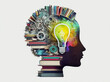 Human head made of gears and books with light bulb shape inside