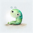 Cute caterpillar character, cartoon watercolor worm, green funny smiling garden insect, animal personage children book illustration. Adorable kawaii pest, larva, lovely bug with big eyes