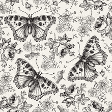 Butterflies Moths Insects Animals Fly. Seamless Baroque Textile. Beautiful Pink Red Realistic Flowers. Vintage Background. Wallpaper. Rose Chamomile Wildflowers Floral. Vector Victorian Illustration  