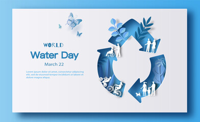 world water day, save water, drop of water in recycle form. paper illustration, and 3d paper