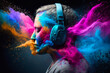 Headphone and vivid color powder. Creative music and festival concept. Generative Ai.