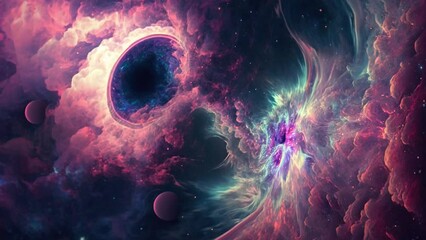 black hole inside shining nebula deep space with galaxy stardust, looped background animation