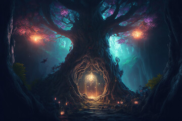 Sacred fantasy tree of life with afterlife portal gate leading to divine mystery . Home shrine of ancient astral soul in deep dark chakra forest at beautiful night . Admirable Generative AI image .
