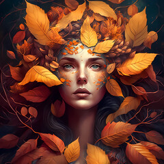 Wall Mural - Autumn woman portrait. Beautiful girl with autumn leaves around her face.