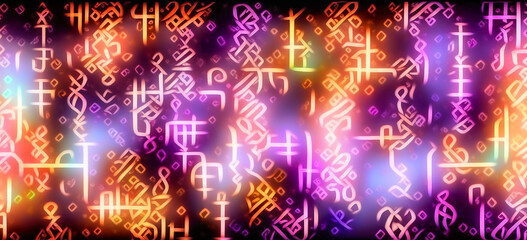 Wall Mural - Neon glowing background with mystical symbols and signs.