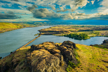 Wall Mural - Amazing landscape -  big blue river among hills and long bridge. Bird Eye View, Horsethief Butte Trail. Columbia Hills State Park