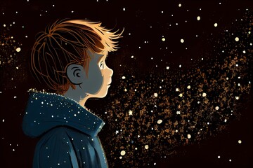 Illustration Of A Boy Looking At Night Starry Sky With Glitter Glow Galaxy Flicker Above. Idea For Prayer Of Hope. Love. Peace Theme. Generative AI