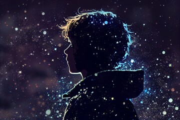Illustration Of A Boy Looking At Night Starry Sky With Glitter Glow Galaxy Flicker Above. Idea For Prayer Of Hope. Love. Peace Theme. Generative AI