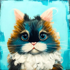 Wall Mural - Cute cat on a blue background. Close-up. Original painting.