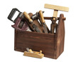 Old Carpenter Wooden toolbox with tools isolated on transporent background. Mock up.