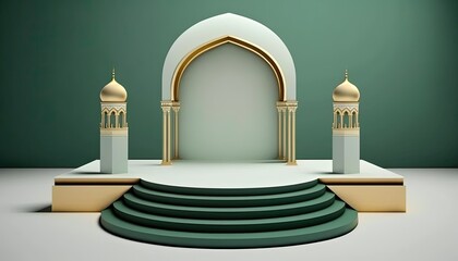 simple 3D empty product podium stage, ramadhan, sage green and gold, islamic theme for Product Display, Product presentation, mock up by ai generative