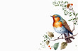 Robin bird, butterflies, branches and leaves in vintage watercolor style. Generrative Ai