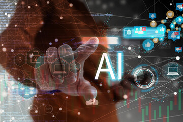 Poster - closeup concept of a male businessman standing pointing up a finger, wearing black suit, shirt and tie, representing interaction in technology within business industry, with grey flat background