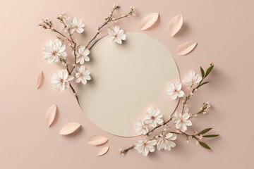 spring cherry blossom flat lay design with blank copy space. empty scene with sakura branch. generat